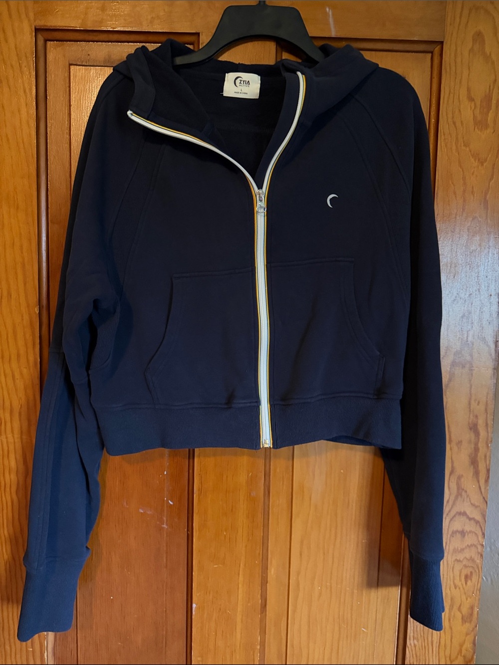 Zyia Navy Hooded Zip Cropped Jacket with Contrast Trim